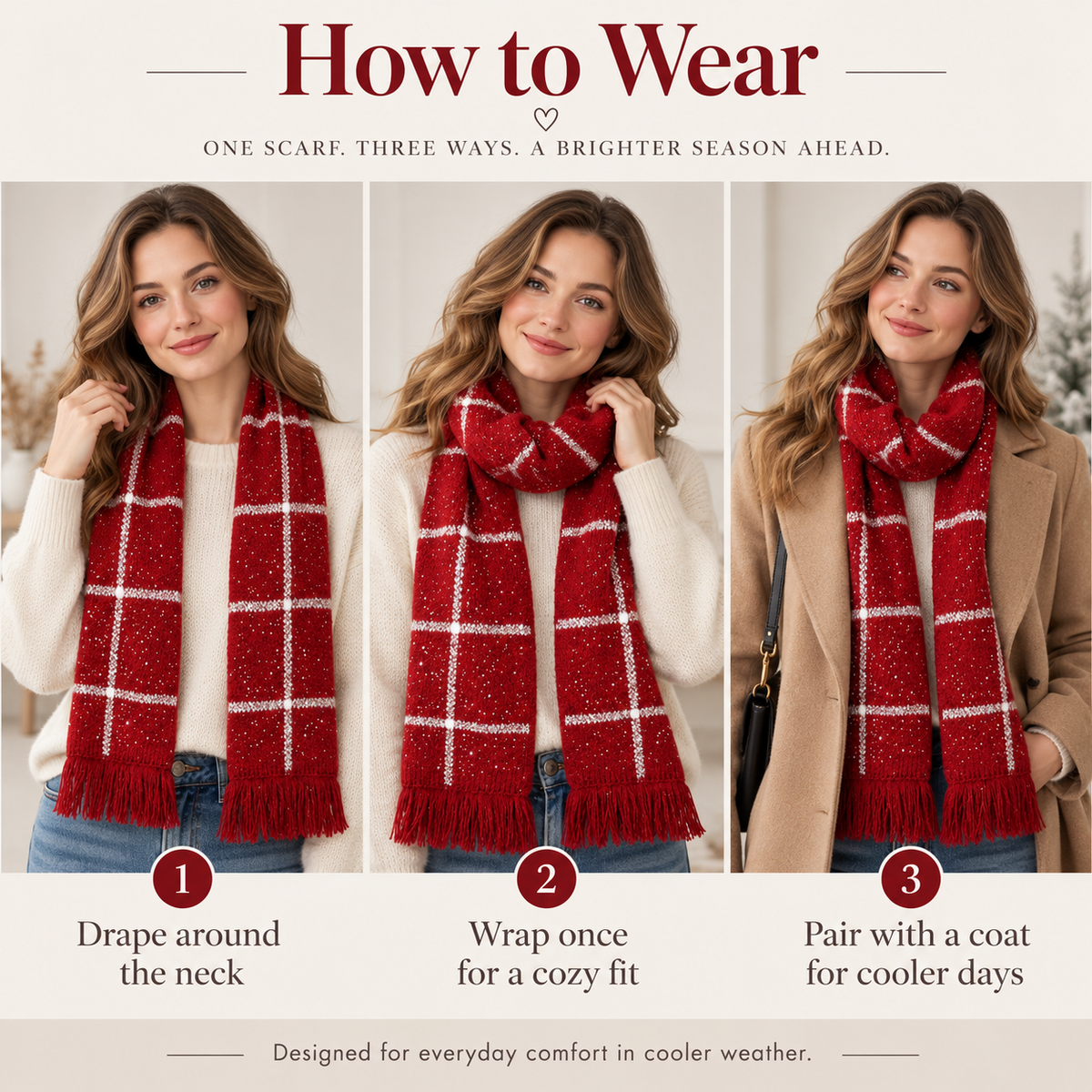 Keepbetterlily® Red Plaid Sparkle Knit Winter Scarf