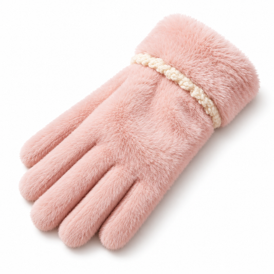 Keepbetterlily® Pink Plush Winter Gloves with Braided Trim