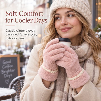 Keepbetterlily® Pink Plush Winter Gloves with Braided Trim