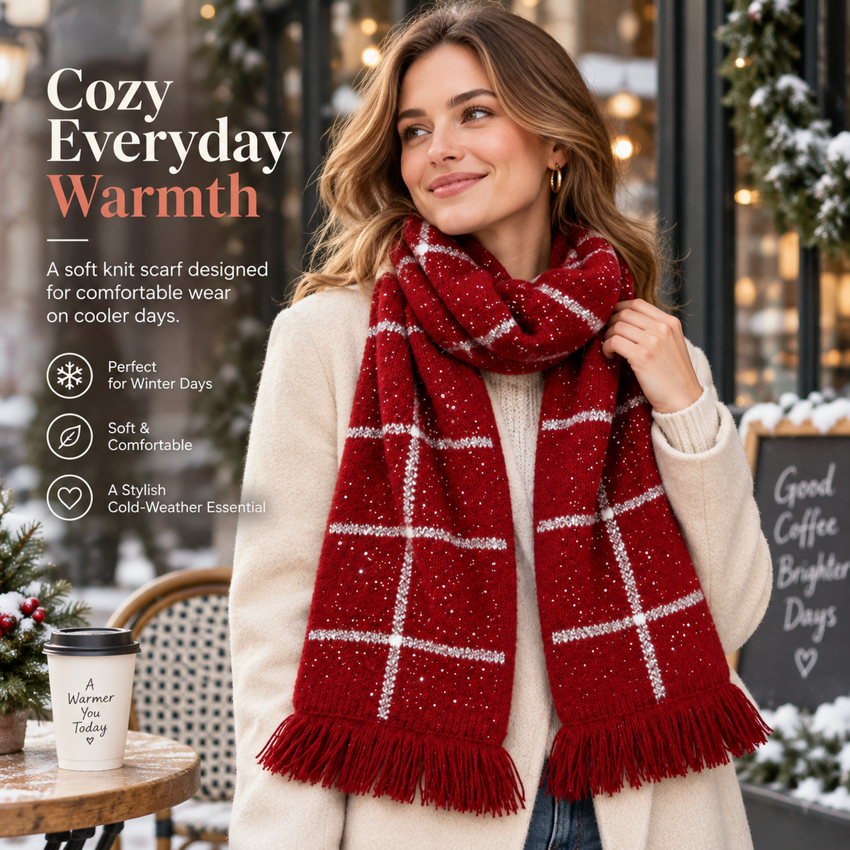 Keepbetterlily® Red Plaid Sparkle Knit Winter Scarf