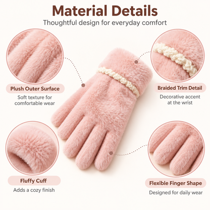 Keepbetterlily® Pink Plush Winter Gloves with Braided Trim