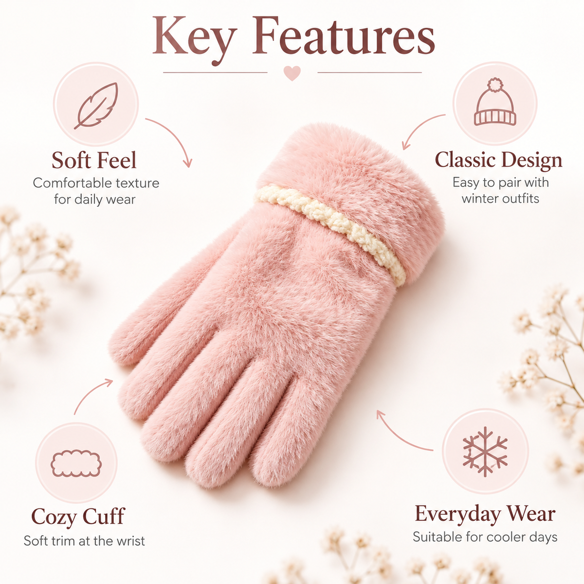 Keepbetterlily® Pink Plush Winter Gloves with Braided Trim