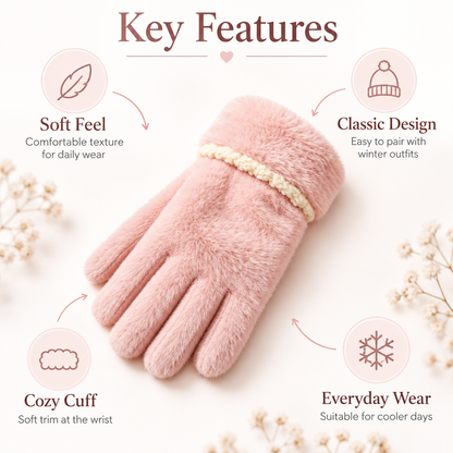 Keepbetterlily® Pink Plush Winter Gloves with Braided Trim