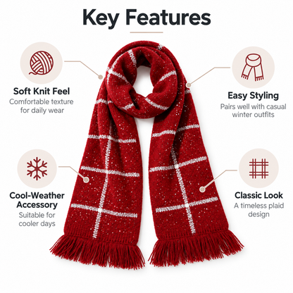 Keepbetterlily® Red Plaid Sparkle Knit Winter Scarf