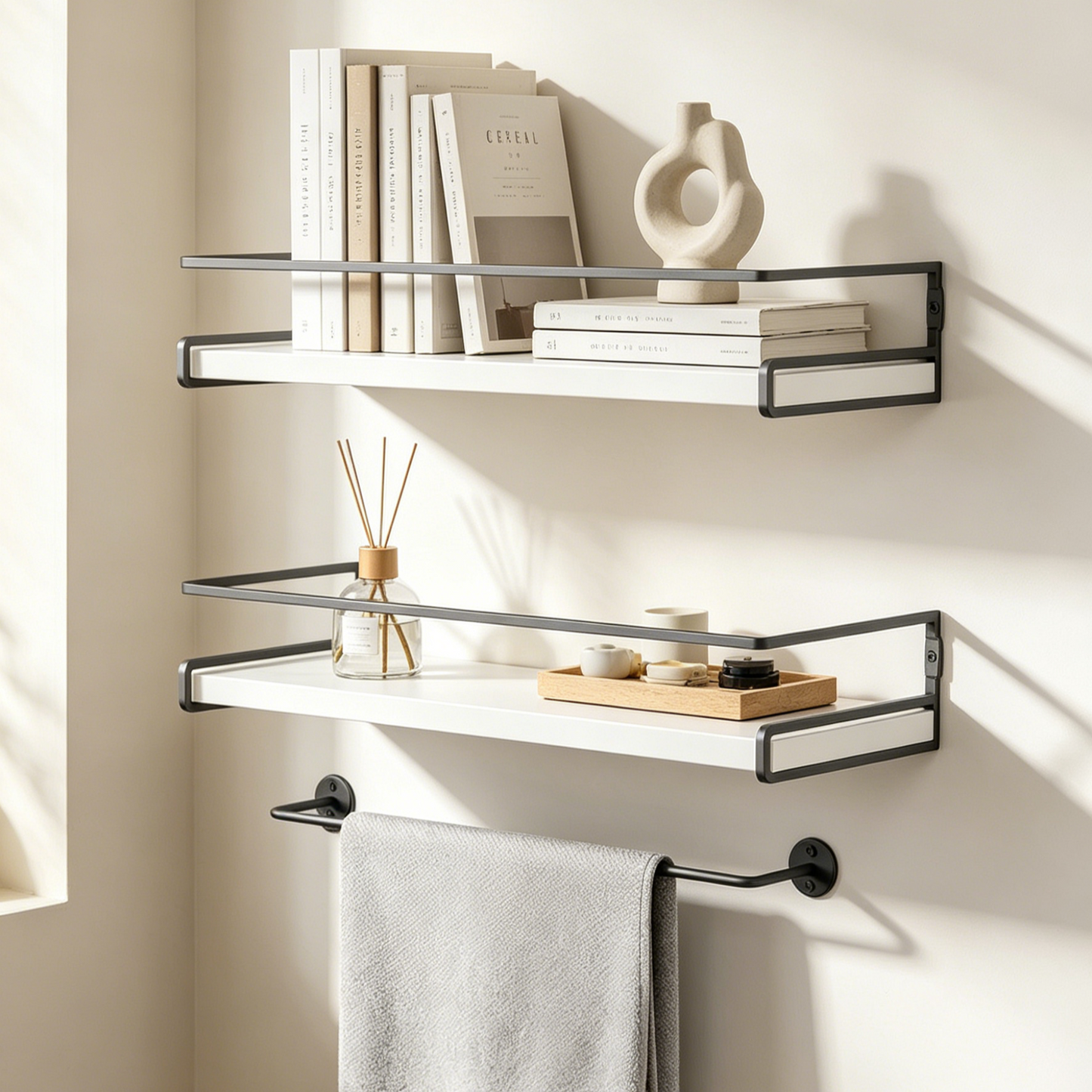 Bathroom Floating Wall Shelves – Over Toilet Storage Organizer with Towel Bar for Modern Spa-Like Spaces