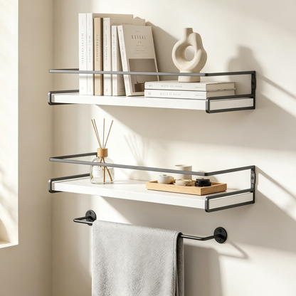 Bathroom Floating Wall Shelves – Over Toilet Storage Organizer with Towel Bar for Modern Spa-Like Spaces