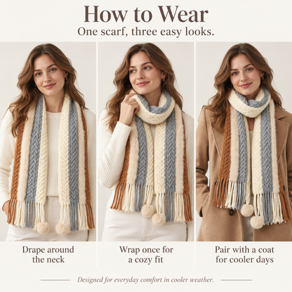 Keepbetterlily® Color‑Block Cable Knit Pom‑Pom Winter Scarf