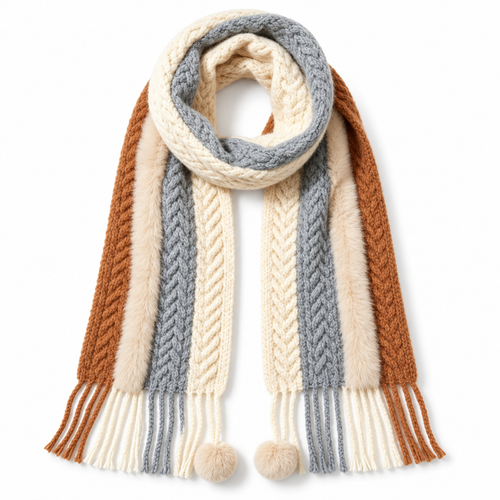 Keepbetterlily® Color‑Block Cable Knit Pom‑Pom Winter Scarf