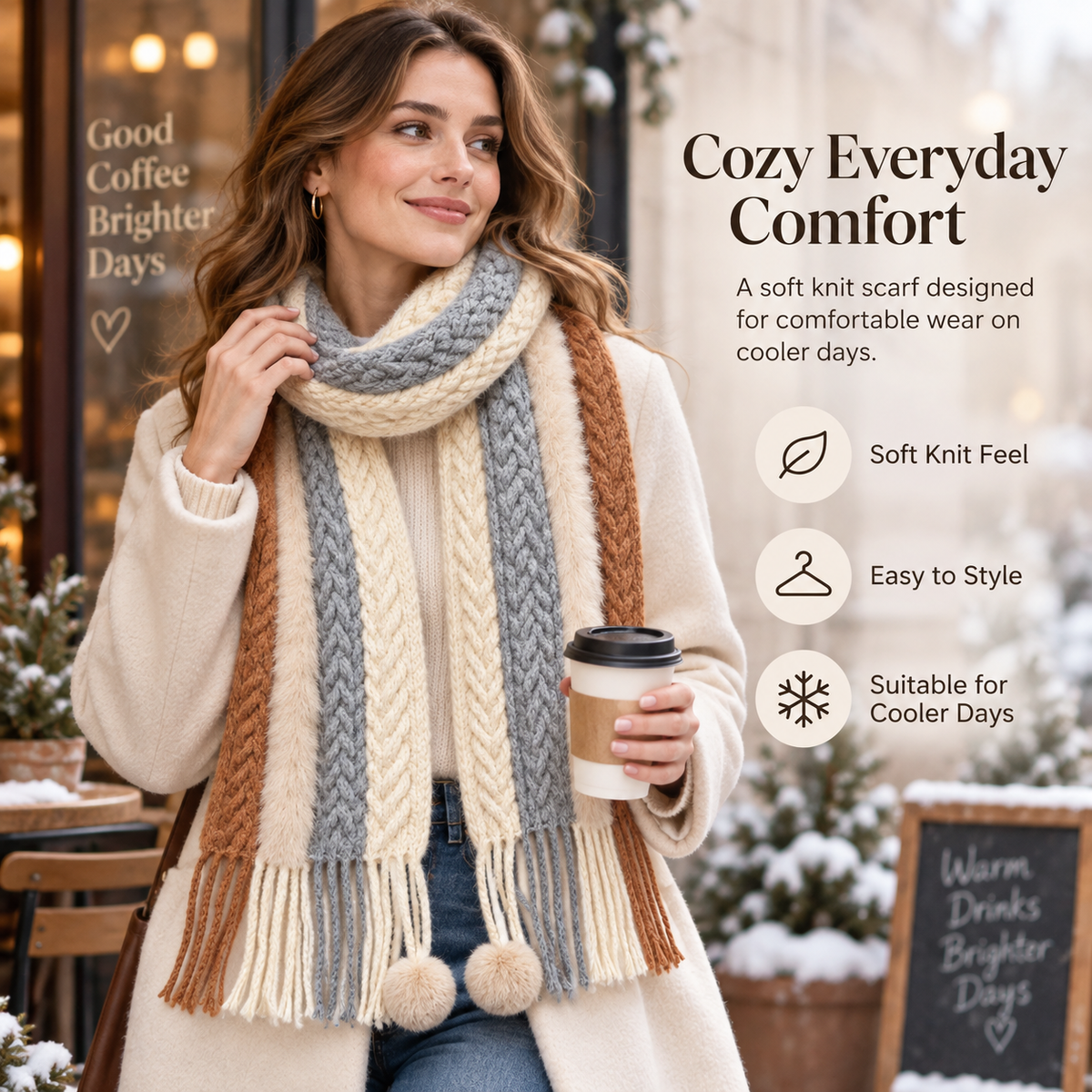 Keepbetterlily® Color‑Block Cable Knit Pom‑Pom Winter Scarf