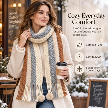 Keepbetterlily® Color‑Block Cable Knit Pom‑Pom Winter Scarf
