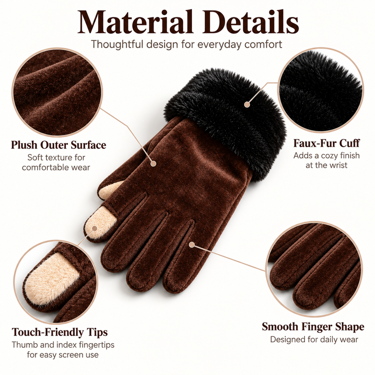 Keepbetterlily® Brown Touch‑Screen Gloves with Faux‑Fur Cuff