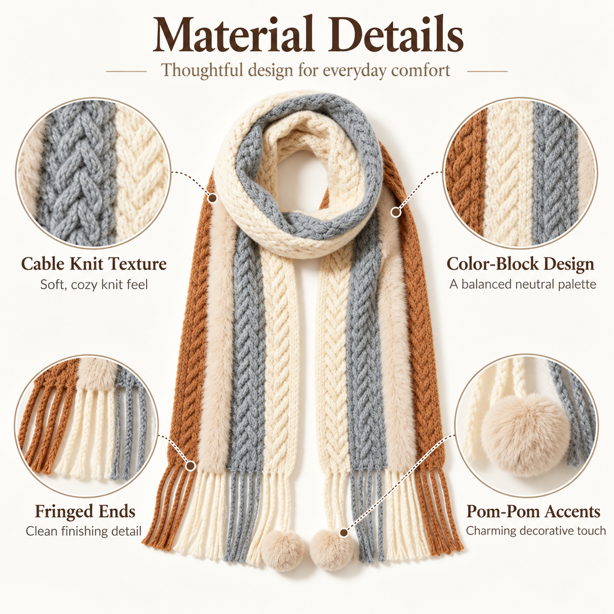 Keepbetterlily® Color‑Block Cable Knit Pom‑Pom Winter Scarf