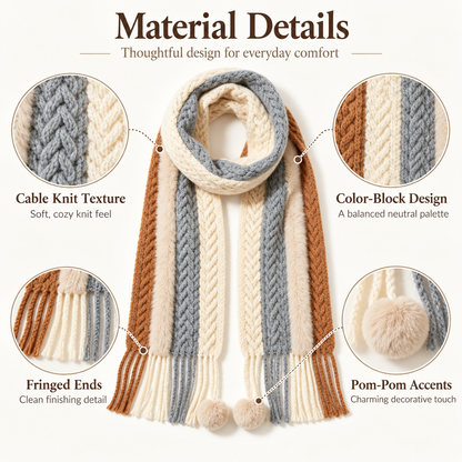 Keepbetterlily® Color‑Block Cable Knit Pom‑Pom Winter Scarf