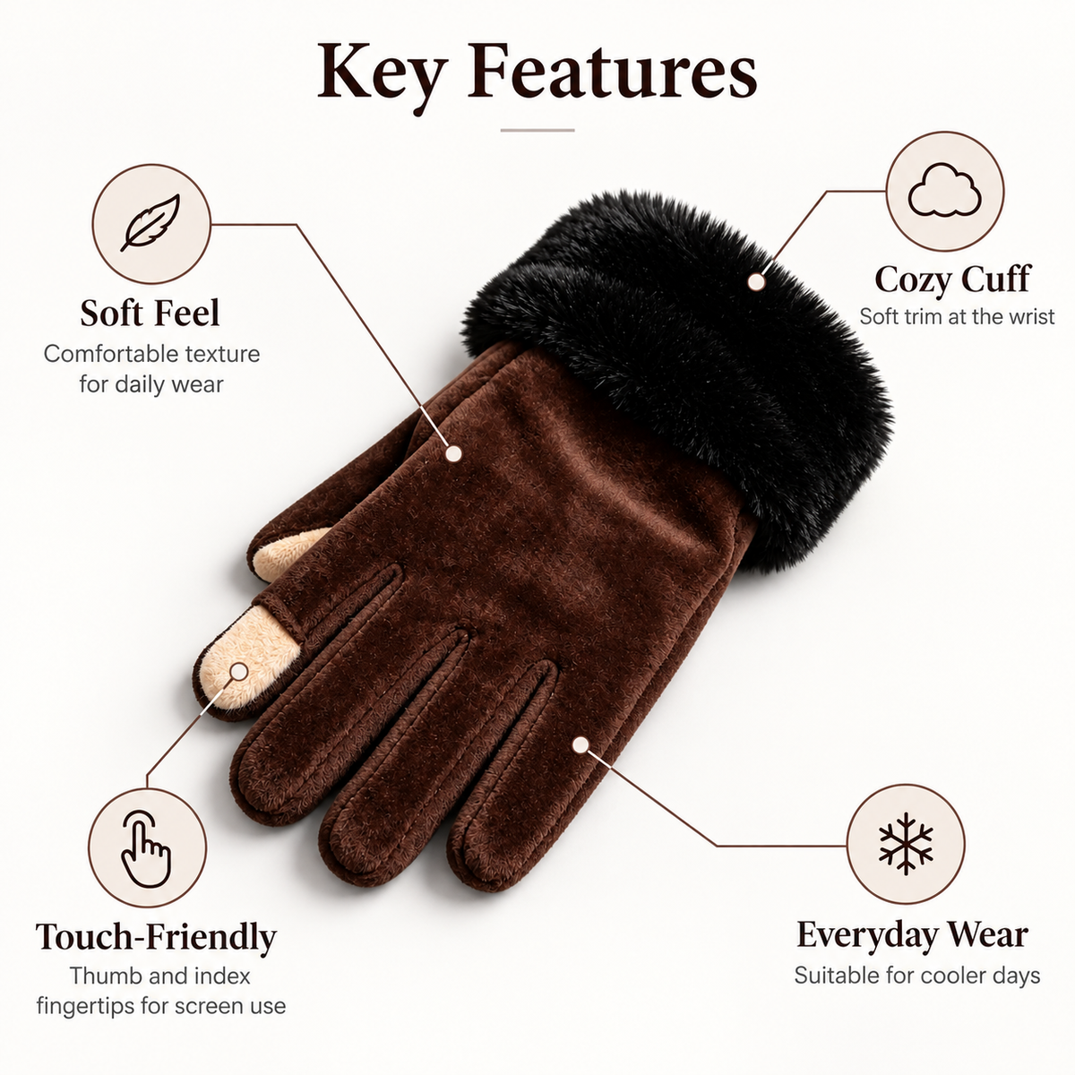 Keepbetterlily® Brown Touch‑Screen Gloves with Faux‑Fur Cuff