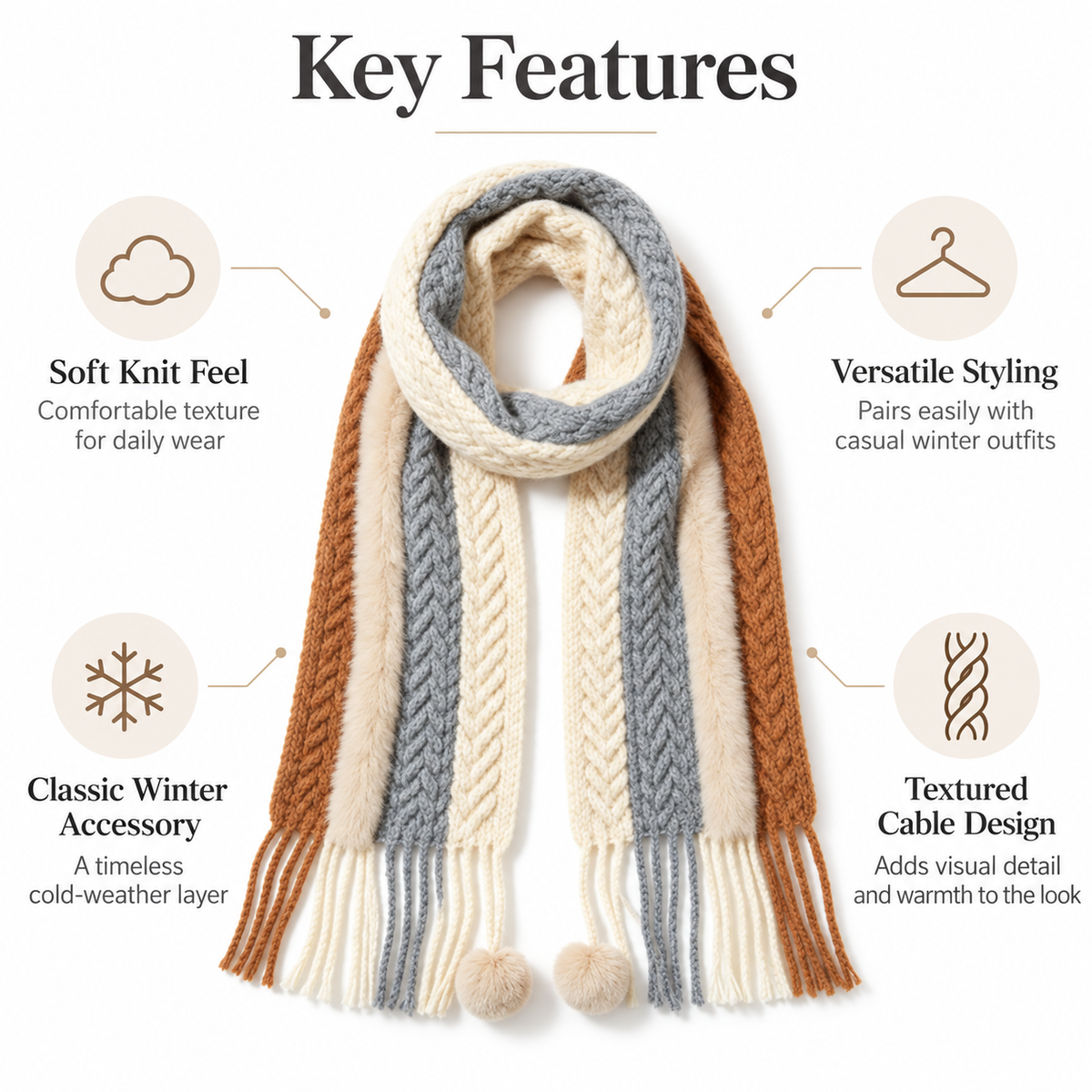 Keepbetterlily® Color‑Block Cable Knit Pom‑Pom Winter Scarf