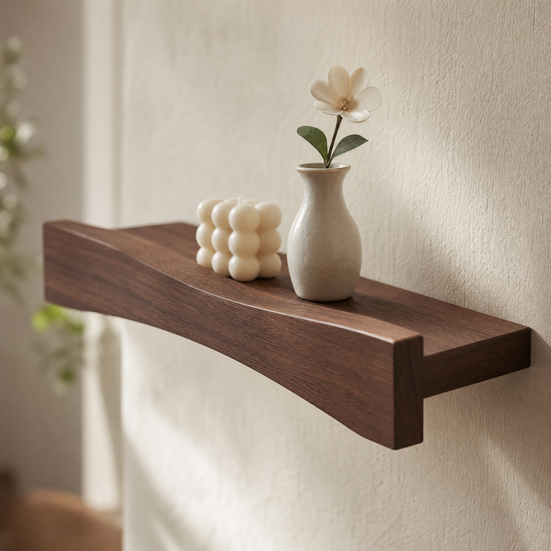 Curved Walnut Floating Wall Shelf – Sculptural Solid Wood Shelf for Modern Home Decor