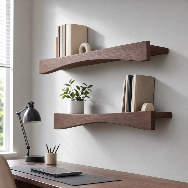 Curved Walnut Floating Wall Shelf – Sculptural Solid Wood Shelf for Modern Home Decor