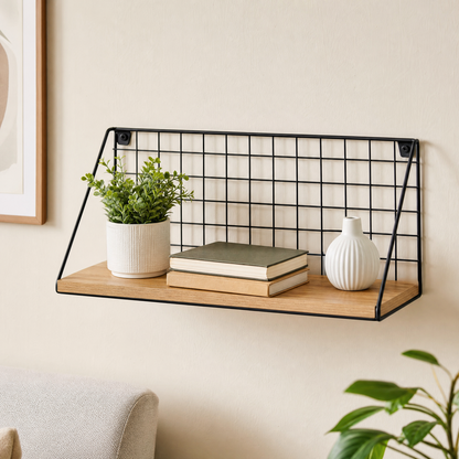 Industrial Wall Mounted Shelf with Metal Grid & Wood – Modern Storage Organizer for Kitchen, Living Room & Entryway