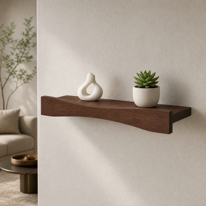Curved Walnut Floating Wall Shelf – Sculptural Solid Wood Shelf for Modern Home Decor