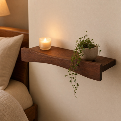 Curved Walnut Floating Wall Shelf – Sculptural Solid Wood Shelf for Modern Home Decor