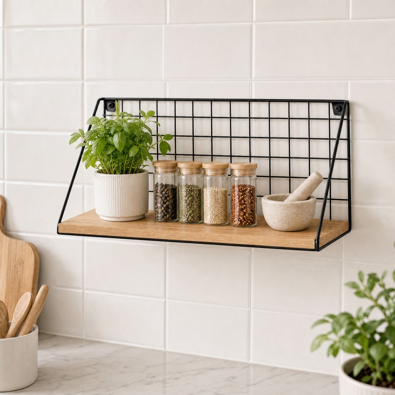 Industrial Wall Mounted Shelf with Metal Grid & Wood – Modern Storage Organizer for Kitchen, Living Room & Entryway