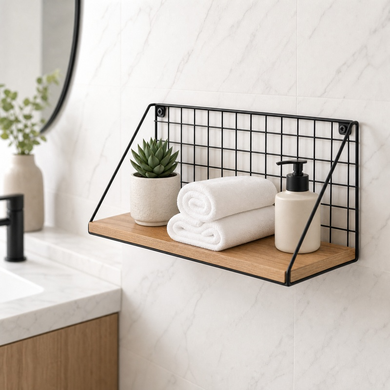 Industrial Wall Mounted Shelf with Metal Grid & Wood – Modern Storage Organizer for Kitchen, Living Room & Entryway