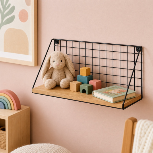 Industrial Wall Mounted Shelf with Metal Grid & Wood – Modern Storage Organizer for Kitchen, Living Room & Entryway
