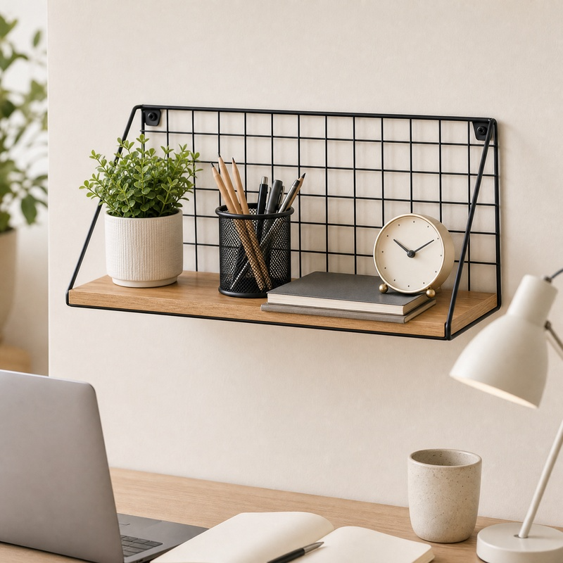 Industrial Wall Mounted Shelf with Metal Grid & Wood – Modern Storage Organizer for Kitchen, Living Room & Entryway
