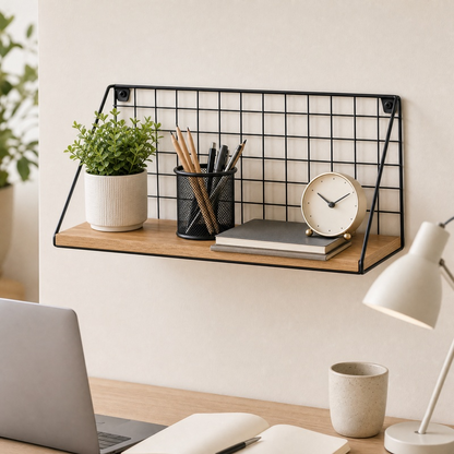 Industrial Wall Mounted Shelf with Metal Grid & Wood – Modern Storage Organizer for Kitchen, Living Room & Entryway